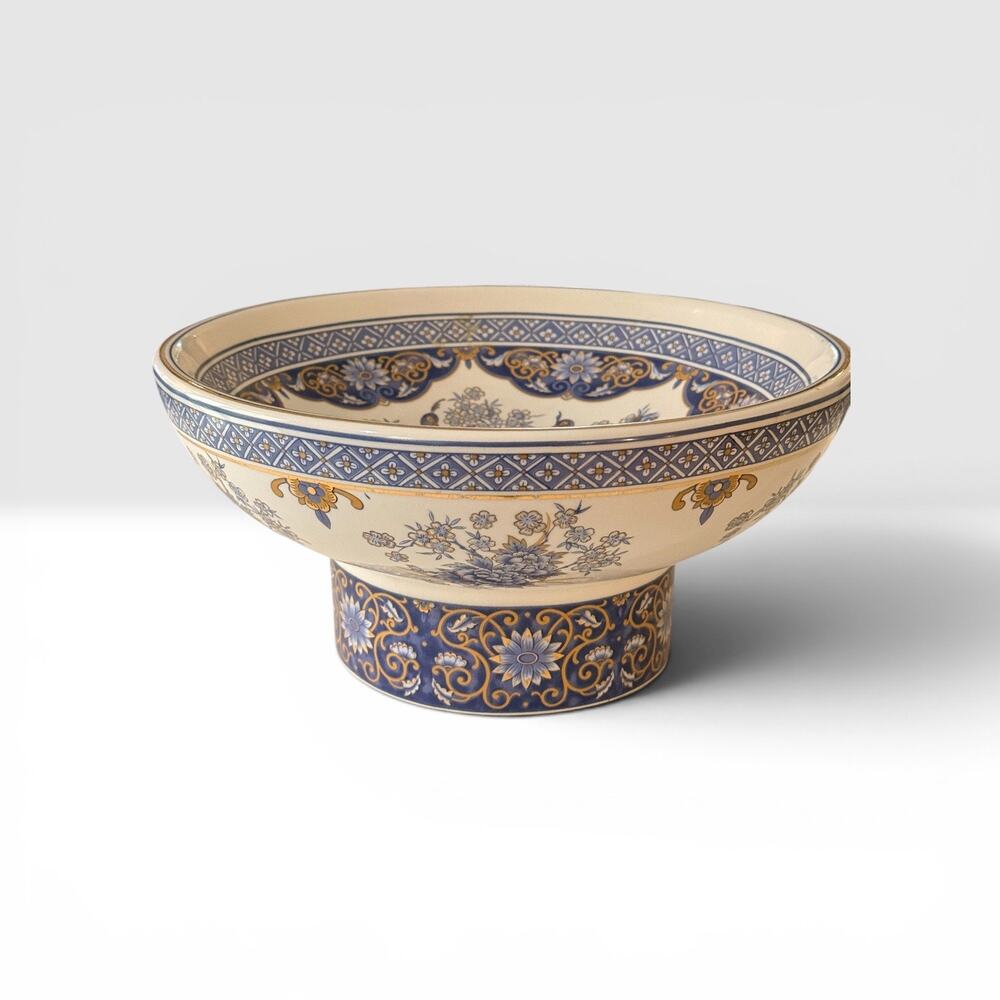 Vintage Panda Porcelain Peacock Compote Pedestal Bowl 10.25" Blue Gold Imari